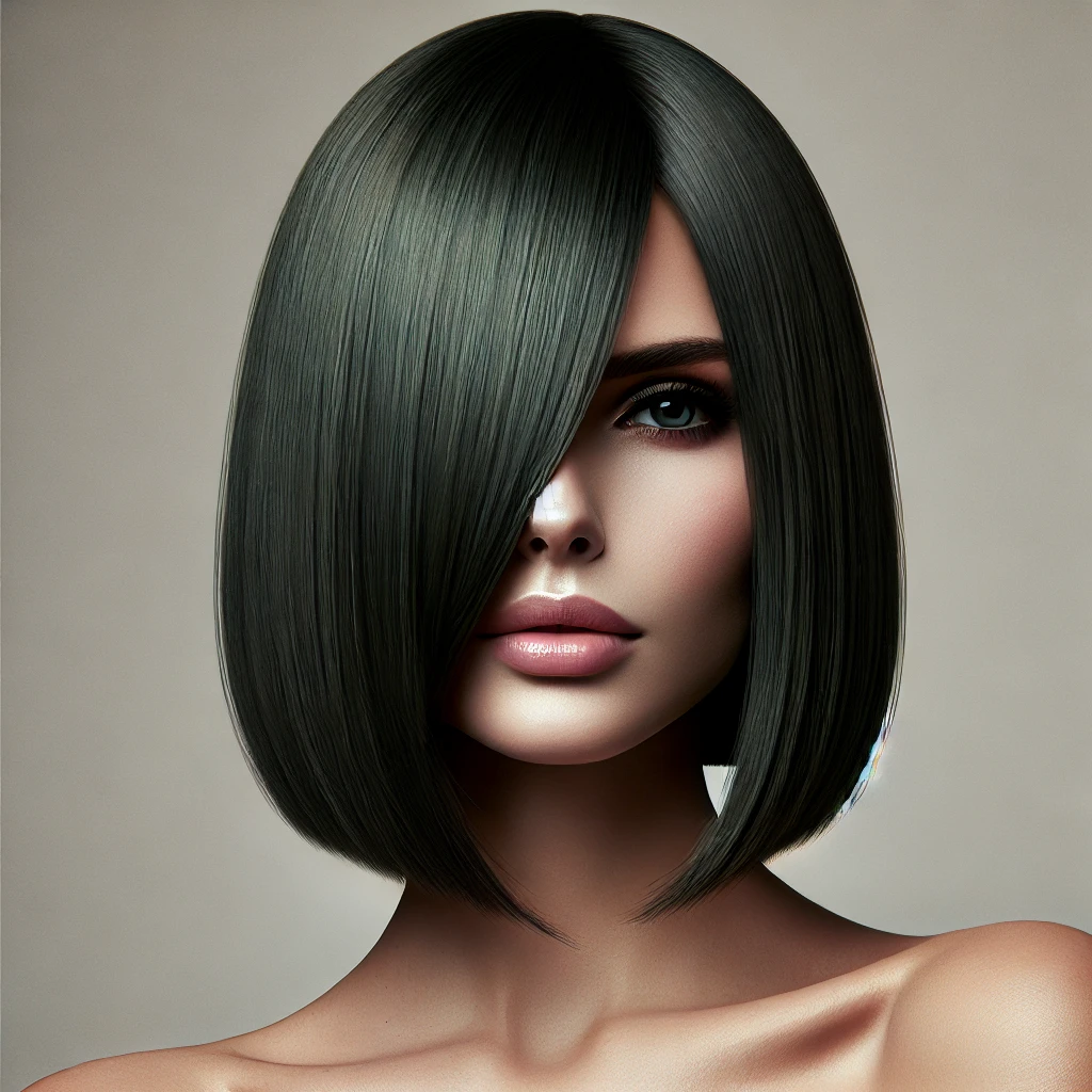 Woman with a sleek dark green asymmetric bob, featuring a sharp, modern cut with one side longer than the other