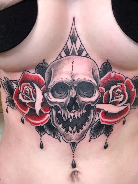 Skull and Roses Underboob Tattoo Design