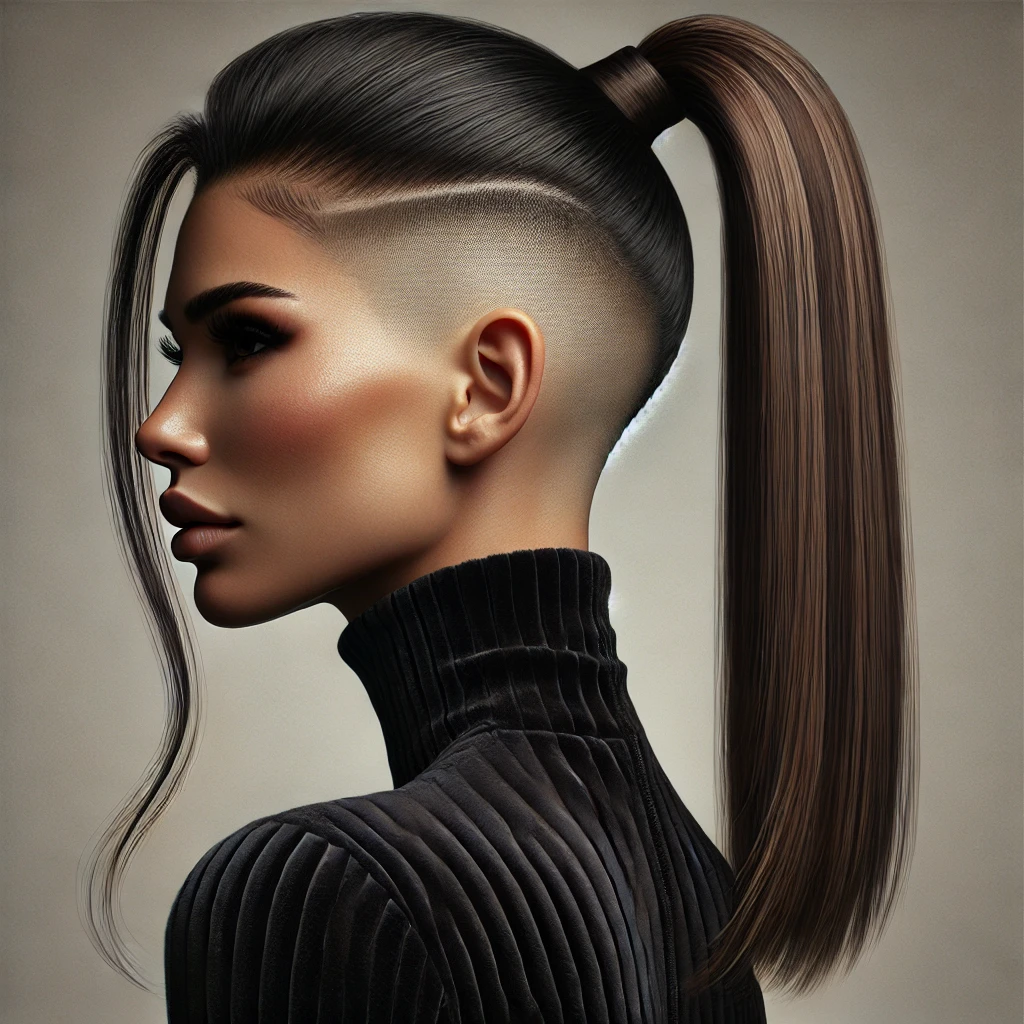 Woman with a sleek high ponytail and shaved undercut, creating an edgy and bold contrast between the flowing hair and shaved sides