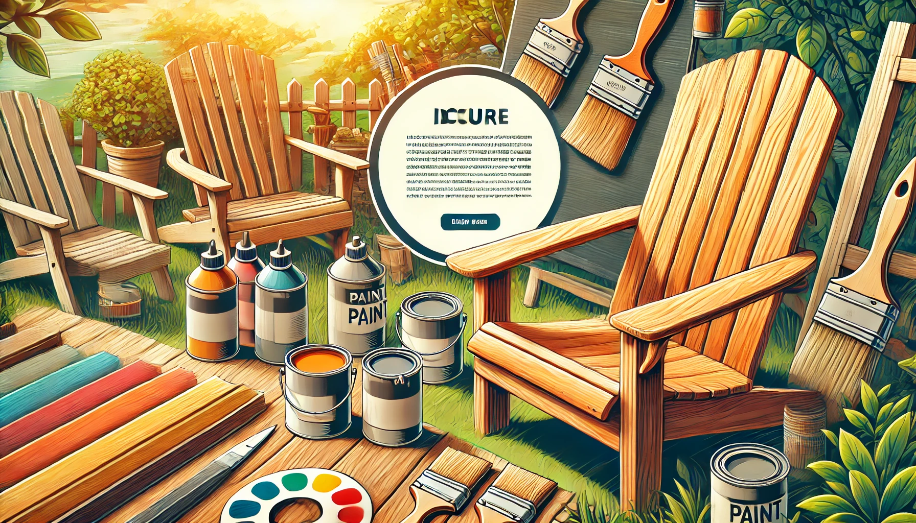 A vibrant banner featuring Adirondack chairs, paintbrushes, and cans of paint in a sunny outdoor setting, highlighting outdoor furniture finishes and craftsmanship