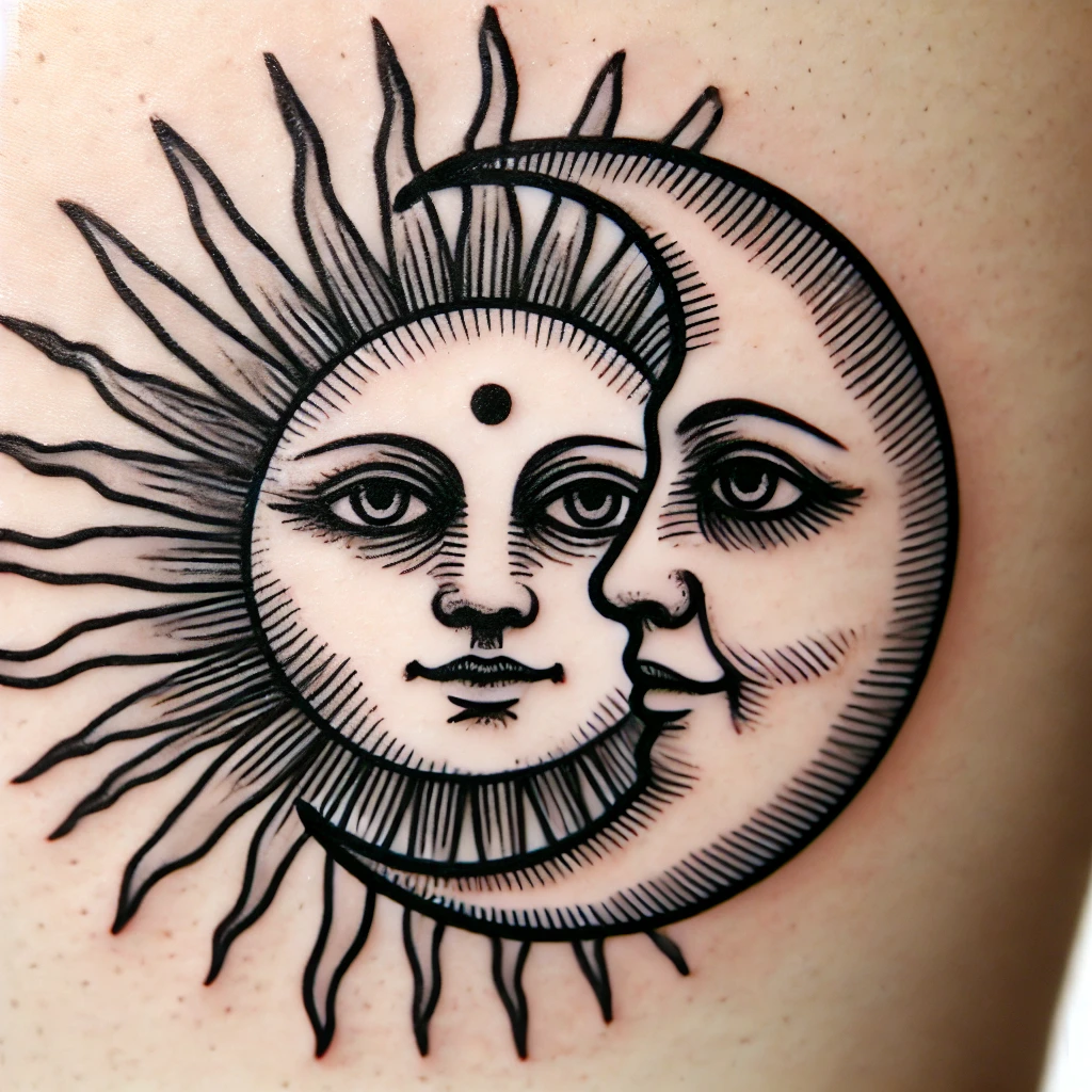 Sun and Moon Face Tattoo with Human Expressions