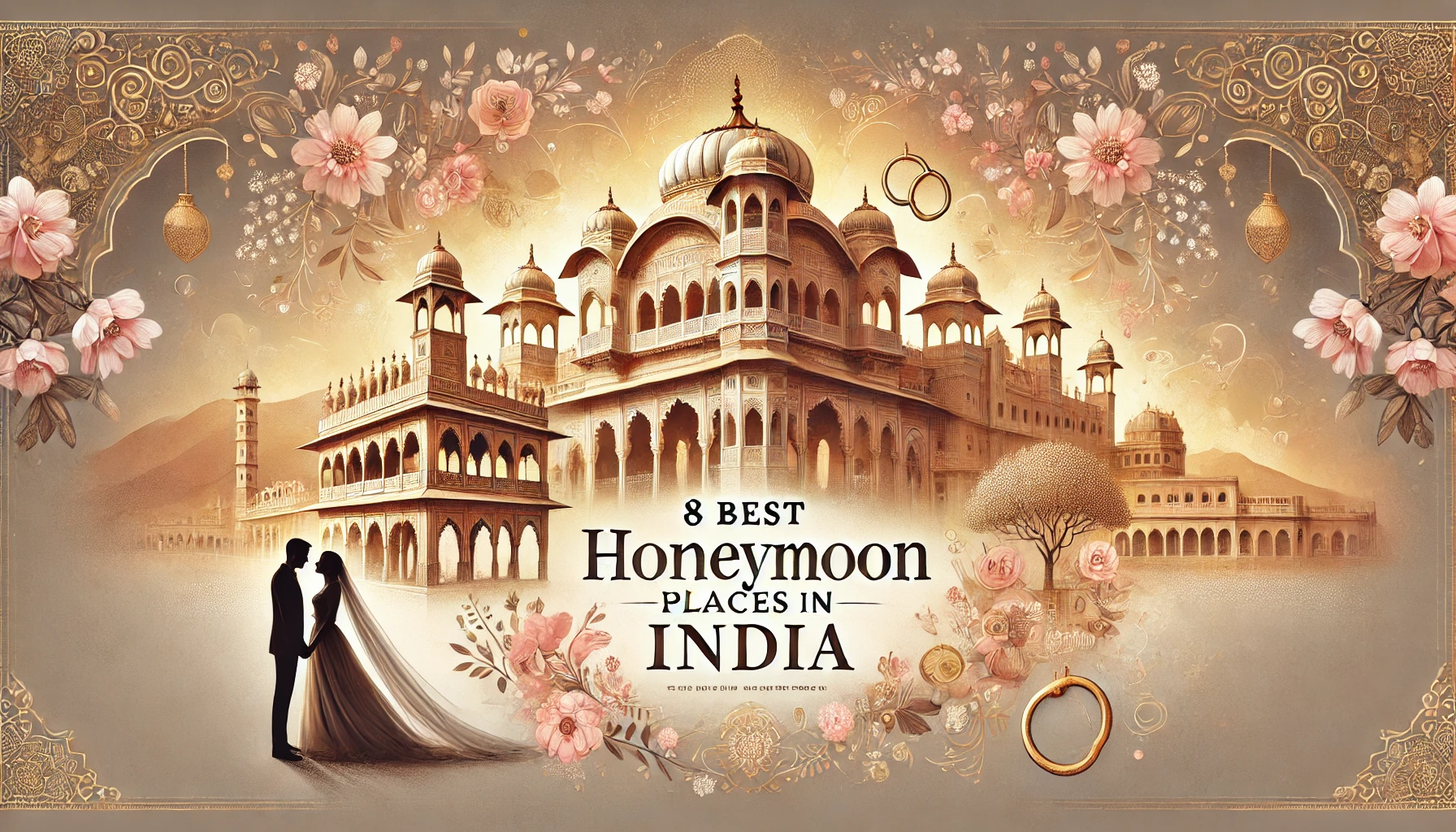 Romantic banner featuring a majestic Indian palace with a wedding theme for '8 Best Honeymoon Places in India