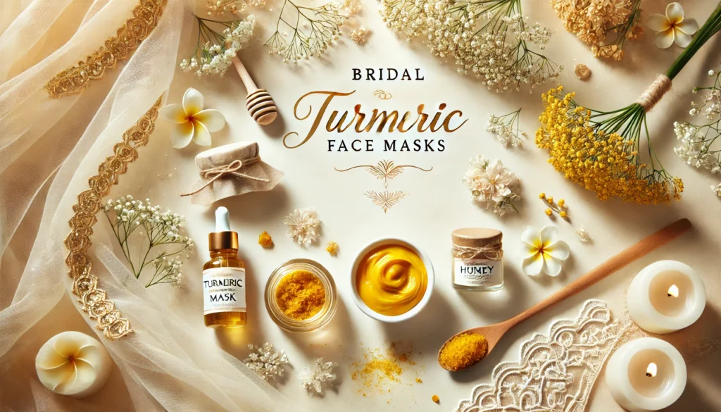 Elegant banner for a blog post about bridal turmeric face masks, featuring soft gold and yellow tones, skincare jars, white flowers, and a calming spa-like background