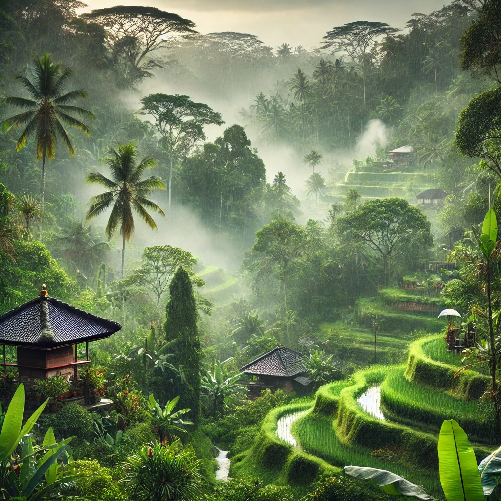 tranquil Bali rainforest scene with mist