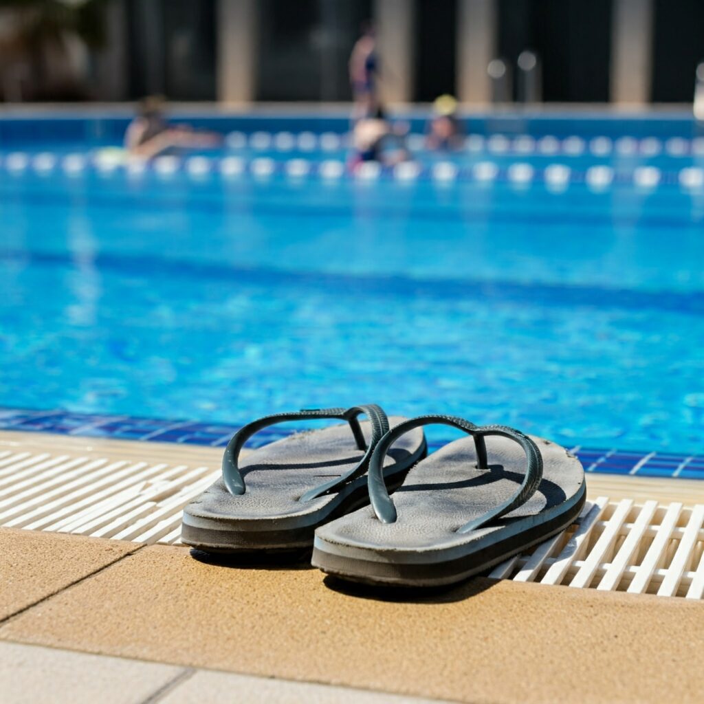 Flip-flops worn at a swimming pool to prevent fungal infections.