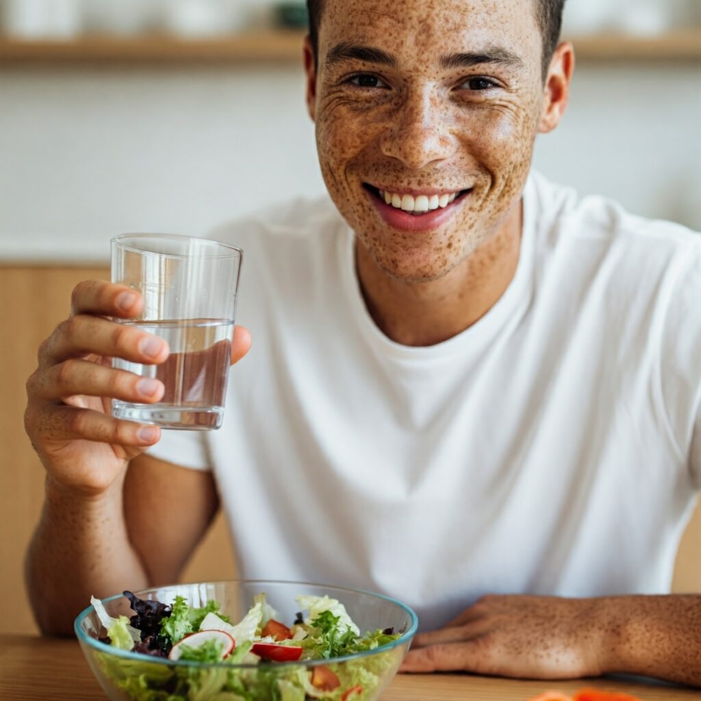 A man enjoying a glass of water and a salad with fresh vegetables.