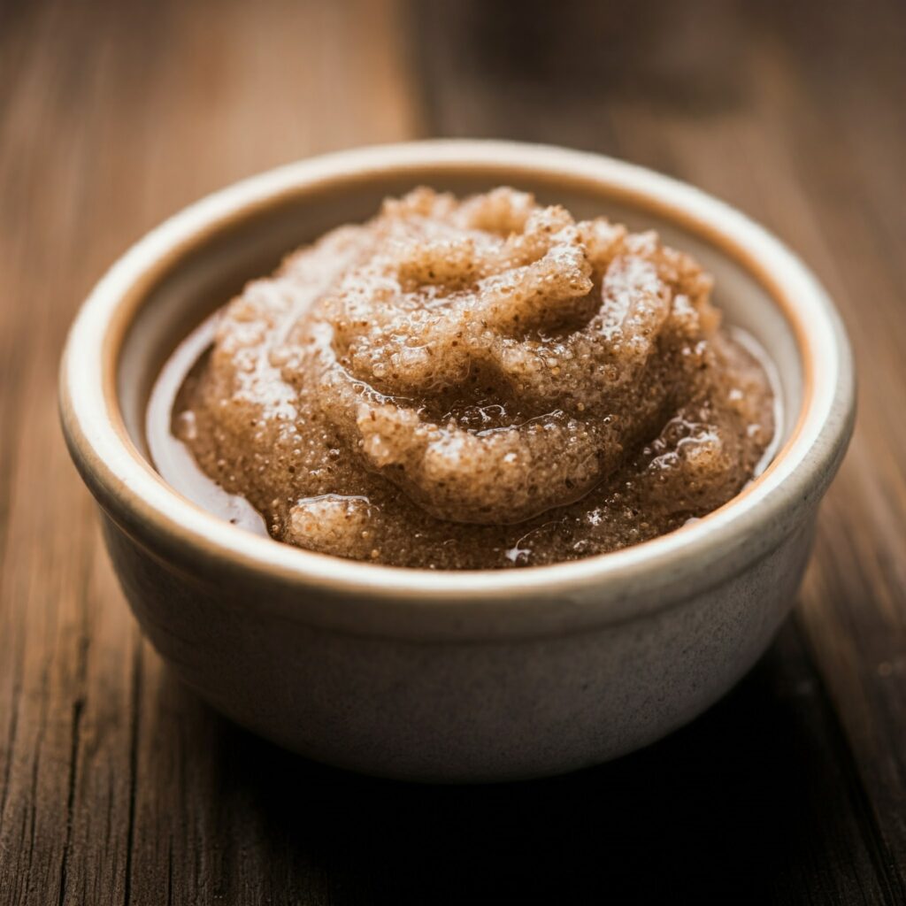 A bowl of natural honey and oatmeal face scrub, a gentle exfoliator perfect for sensitive skin during the monsoon season.