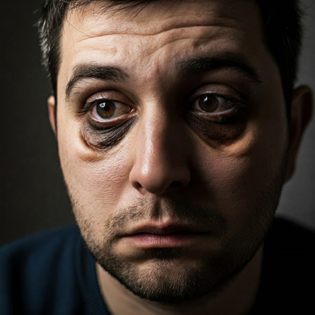 Close-up photo of a man with dark circles under his eyes.