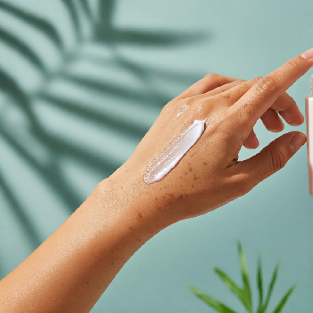 A hand applies a lightweight, water-based moisturizer to the skin, maintaining hydration and combating the effects of humid monsoon weather.