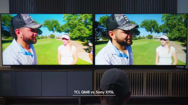 Side by side comparison of a man being interviewed on a golf course with woman in the background on a Sony Bravia X95L vs TCL QM8.