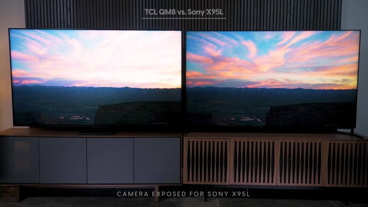 Side by side comparison of a sunset on a Sony Bravia X95L vs TCL QM8.