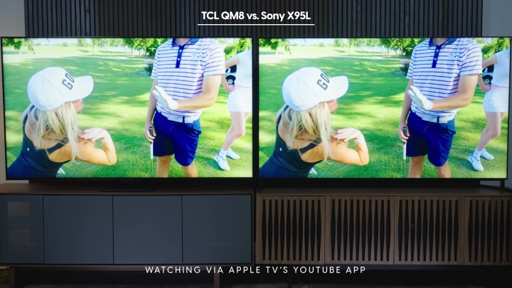 Side by side comparison of an screengrab from the Good Good Golf channel on the Apple TV YouTube app shown on the Sony Bravia X95L vs TCL QM8.