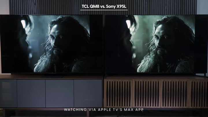 Side by side comparison of a screen grab from Justice League as seen on the AppleTV Max app on the Sony Bravia X95L vs TCL QM8.