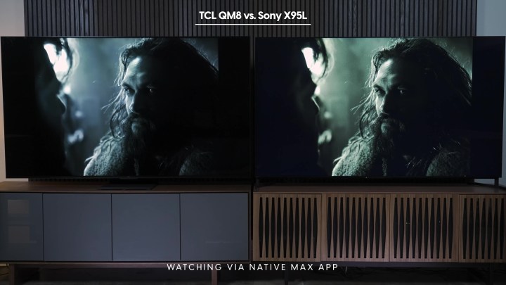 Side by side comparison of a screen grab from Justice League as seen on the native Max app on the Sony Bravia X95L vs TCL QM8.