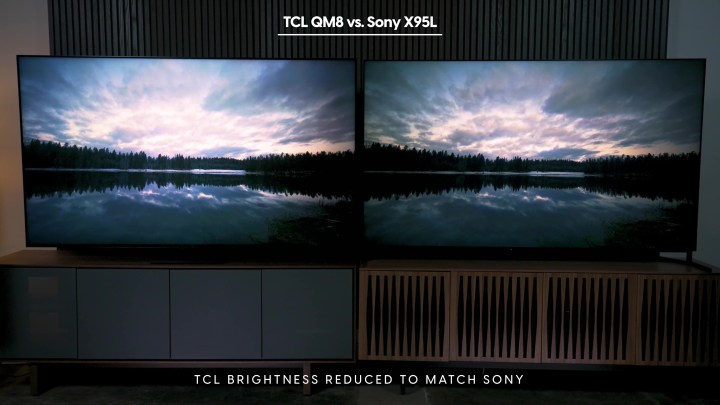 Side-by-side comparison of a sunset on a Sony Bravia X95L vs TCL QM8.