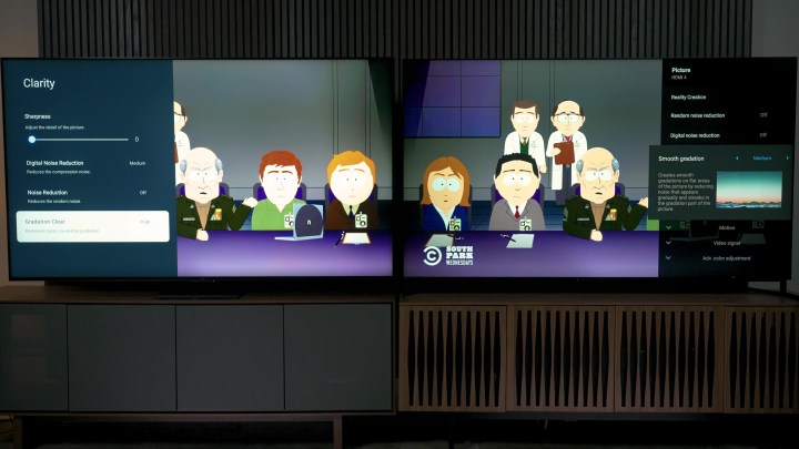 Side-by -ide comparison of the smooth gradation menu options being applied to a scene from South Park on a Sony Bravia X95L vs TCL QM8.