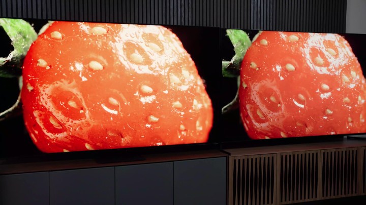 Side-by-side comparison of a close-up of a strawverry on a Sony Bravia X95L vs TCL QM8.