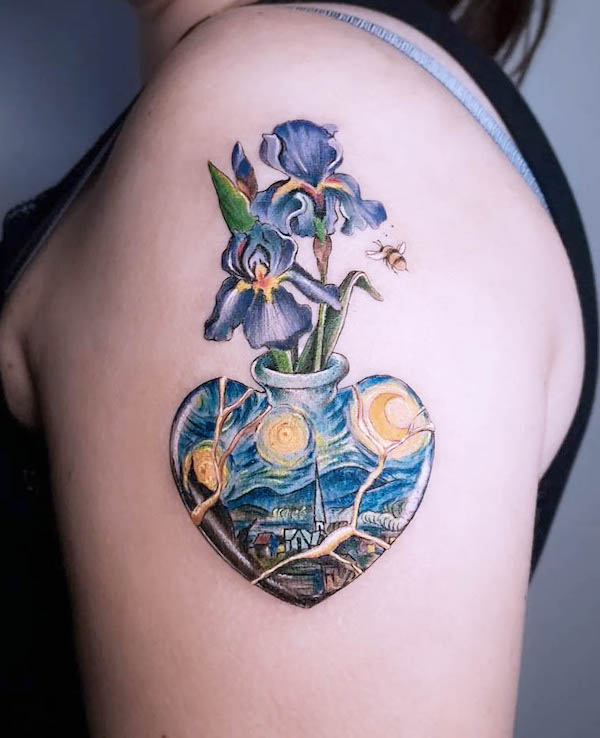 Van Gogh-inspired heart tattoo with Starry Night and irises design on upper arm