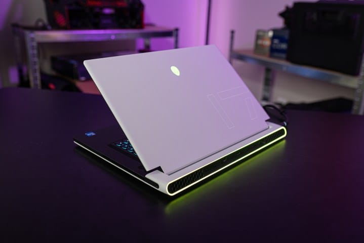 The Alienware x17 R2 gaming laptop viewed from the rear.