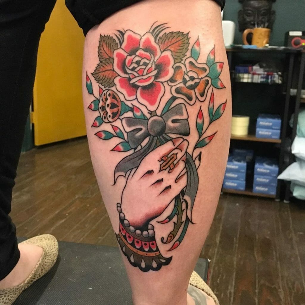 Traditional Hand and Rose Bouquet Tattoo