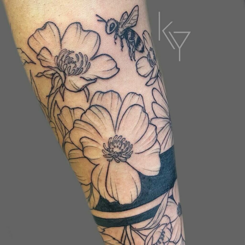 Bee and Floral Tattoo with Black Band Accent on Arm