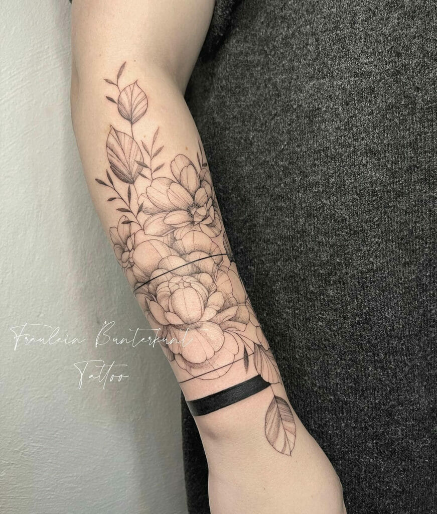 Intricate Floral Forearm Tattoo Design with Black Band