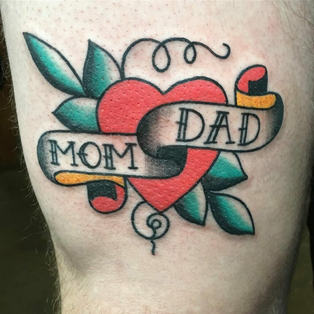 Traditional Mom and Dad heart tattoo with colorful banner and green leaves