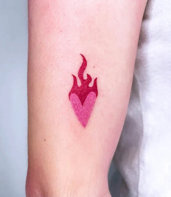 Minimalistic flaming heart tattoo with red and pink gradient design