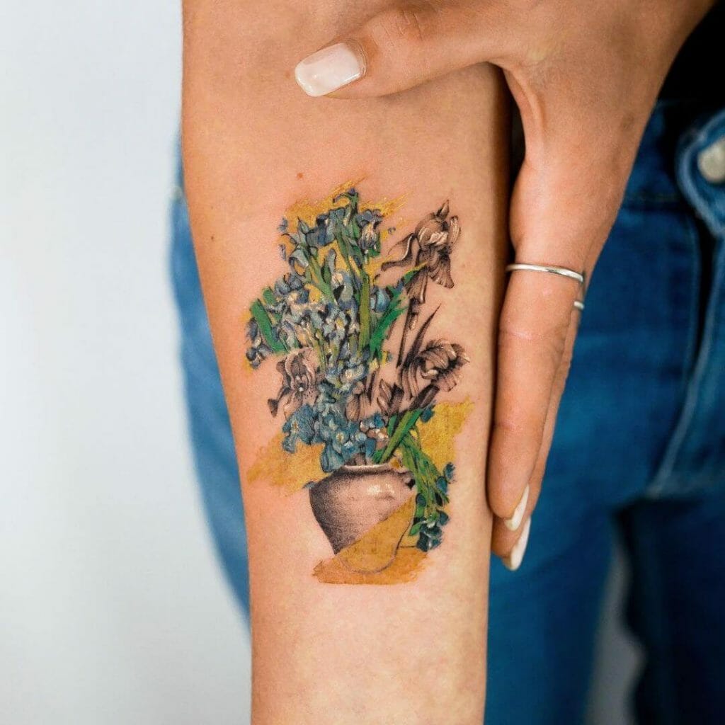 A vibrant tattoo inspired by Van Gogh, depicting a pot of irises and other flowers in blue, green, and brown hues with yellow accents, inked on the forearm