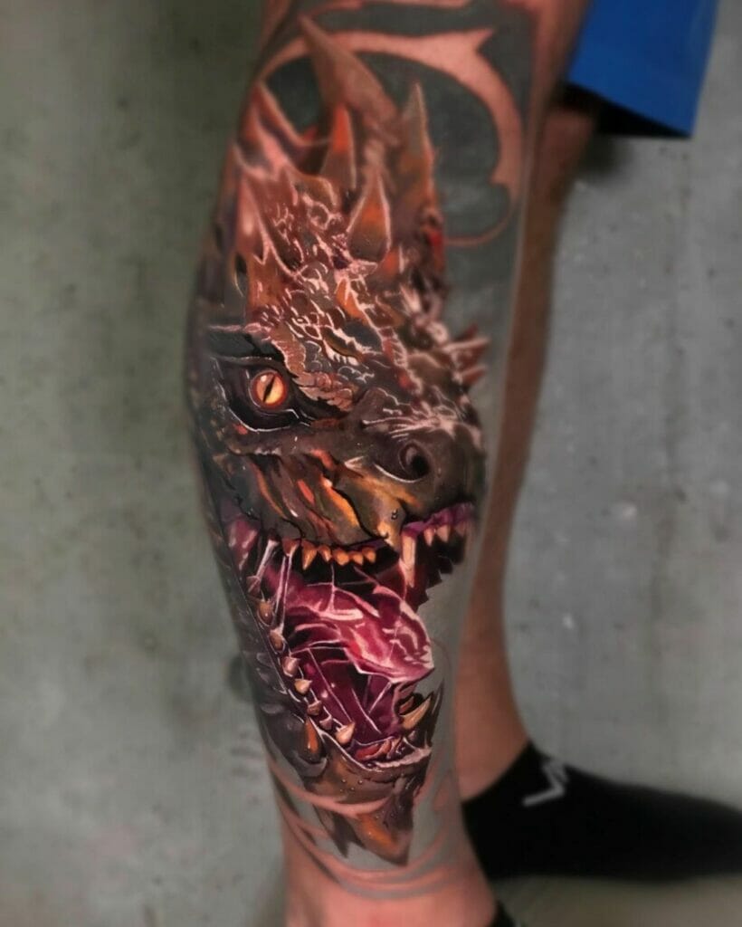 Hyper-realistic dragon leg tattoo featuring vivid fiery details and intricate textures