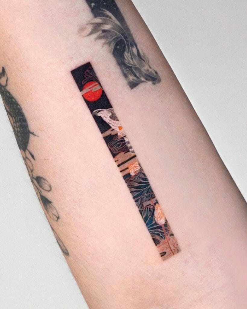 A vertical tattoo featuring a traditional Japanese night scene with a red moon, white crane, and floral patterns in rich dark tones, inked on the forearm