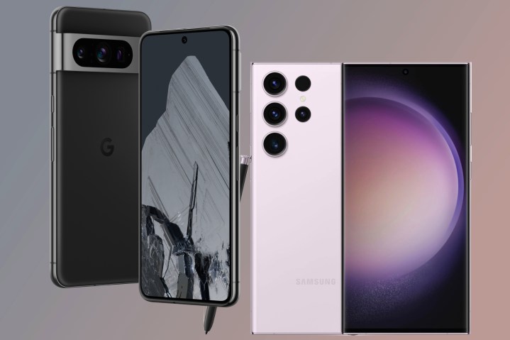 Renders of the Google Pixel 8 Pro and Samsung Galaxy S23 Ultra next to each other.