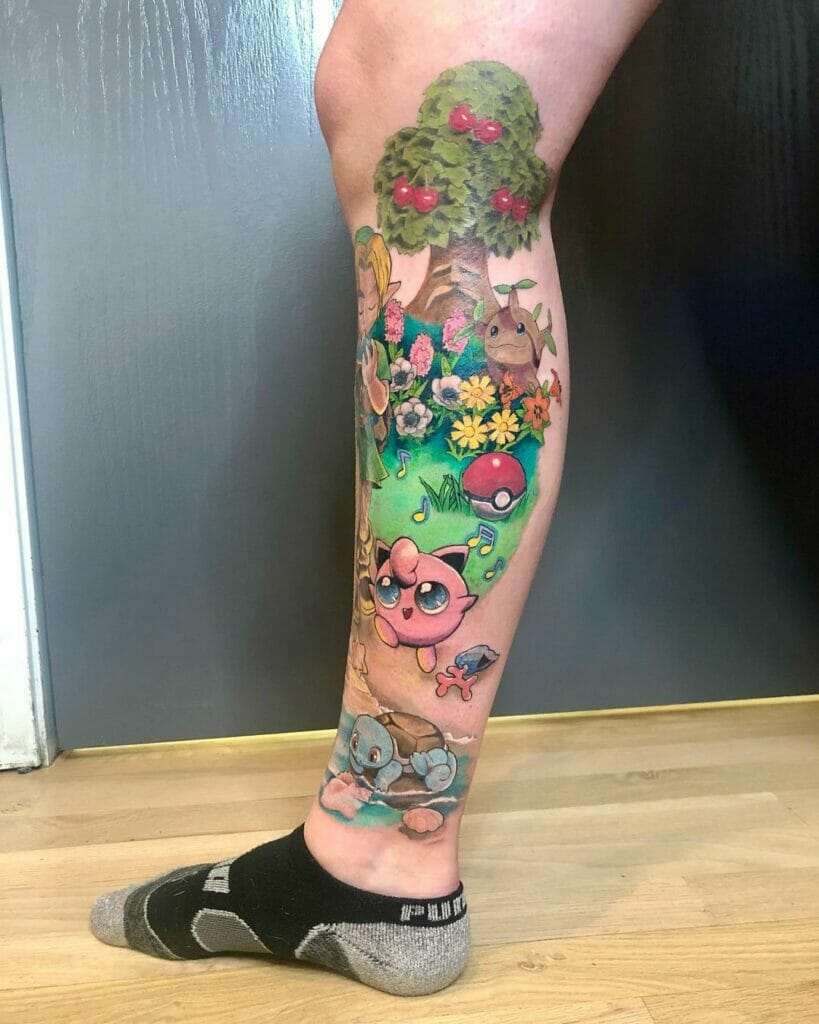 Vivid Pokémon-themed leg tattoo featuring iconic characters, a cherry tree, and colorful landscape details