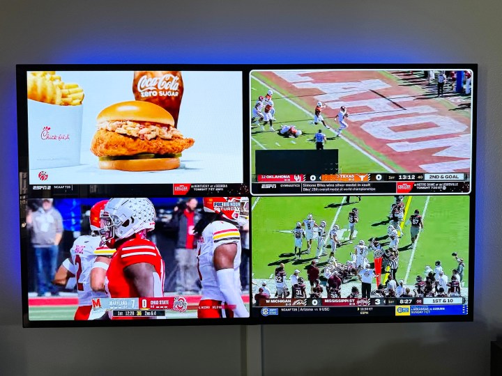 Three college football games (and a commercial) watched on a big TV on YouTube TV.