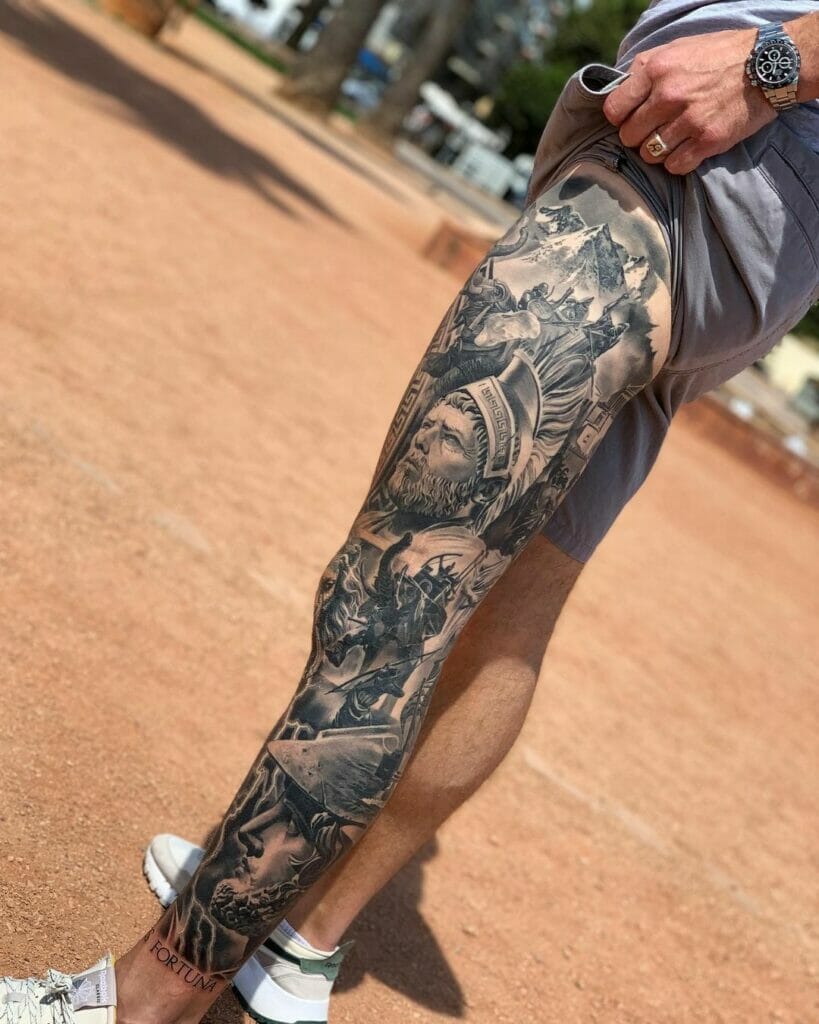 Realistic leg sleeve tattoo featuring historical figures, warriors, and intricate black-and-gray detailing