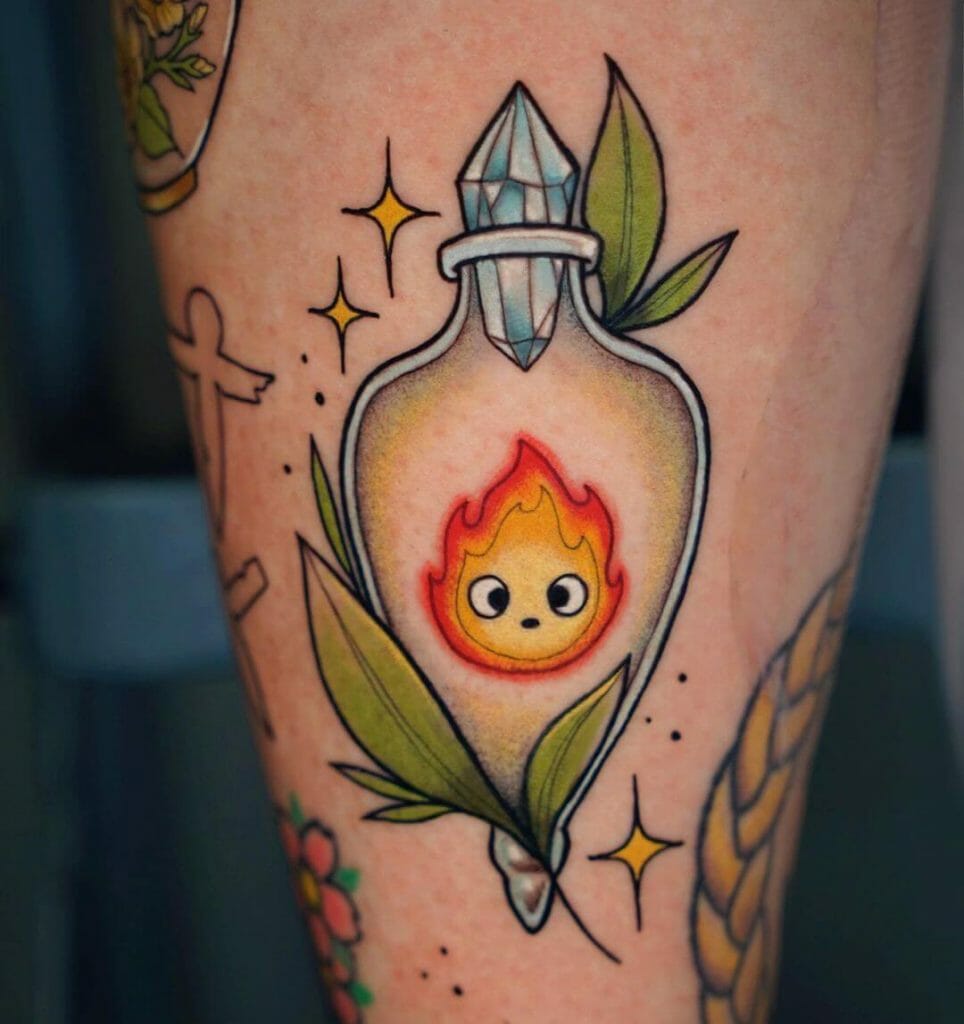 Adorable flame in a glass bottle tattoo with bright colors, green leaves, and sparkling accents