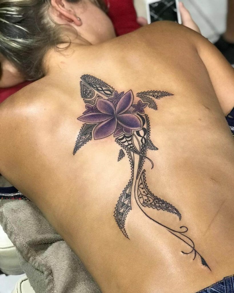 Polynesian Shark Tattoo With A Blue Plumeria