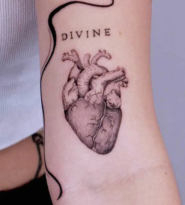 Anatomical heart tattoo with "DIVINE" text and black curved line in realistic shading