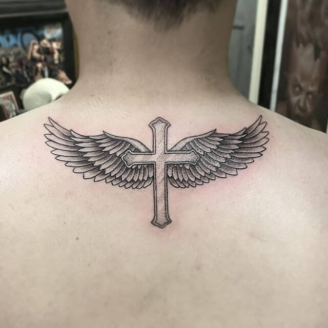 Religious cross angel wings tattoo designs