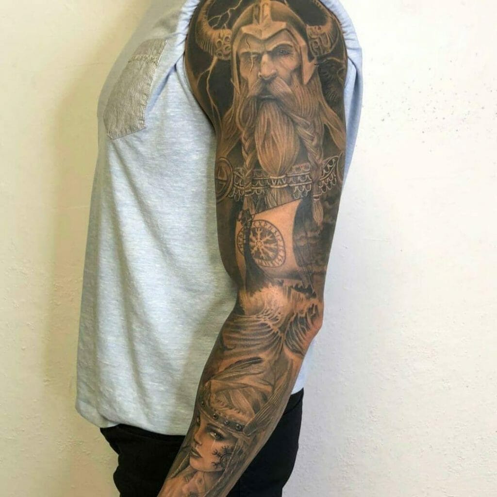 Norse symbol and Viking ship sleeve tattoo