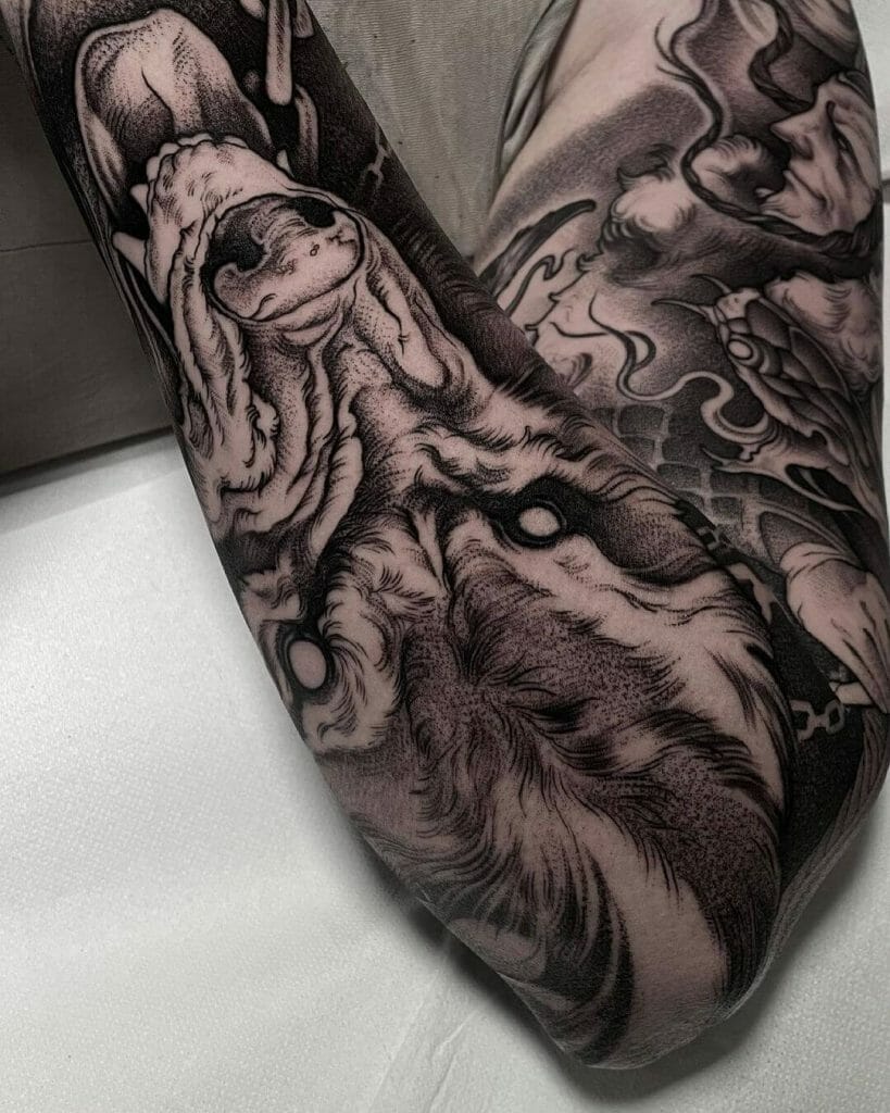 Viking tattoo sleeve combined with snake, crow, wolf and Loki