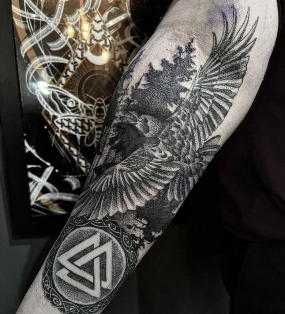 Nordic tattoo sleeve of Valknut and the raven of Odin