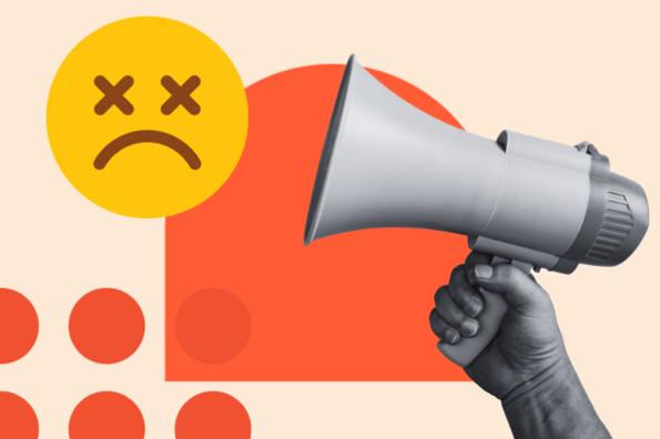 Bad marketing advice in action demonstrated by a sad face and a hand holding a bullhorn