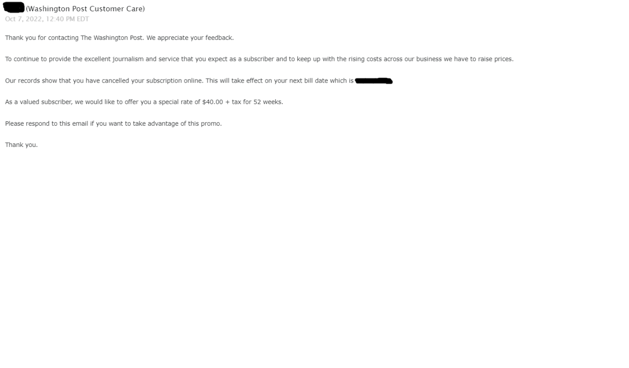 Washington Post cancellation email