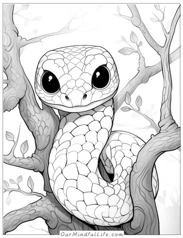 Baby snake on the tree coloring page