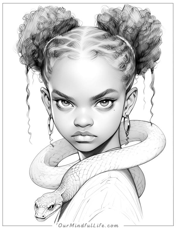 Black girl and snake coloring page