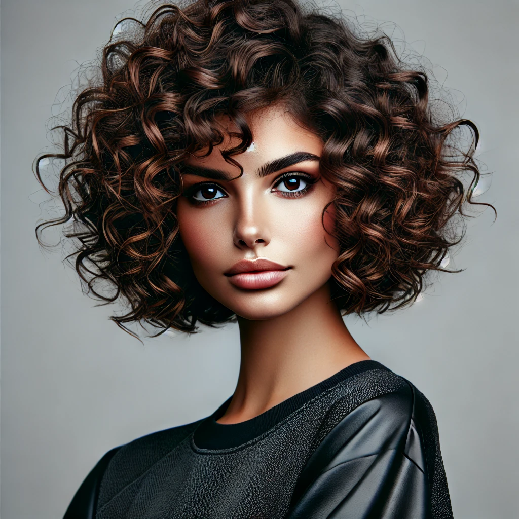 Woman with a curly inverted bob haircut, featuring defined curls with a shorter back and longer front sections for a voluminous, lively look