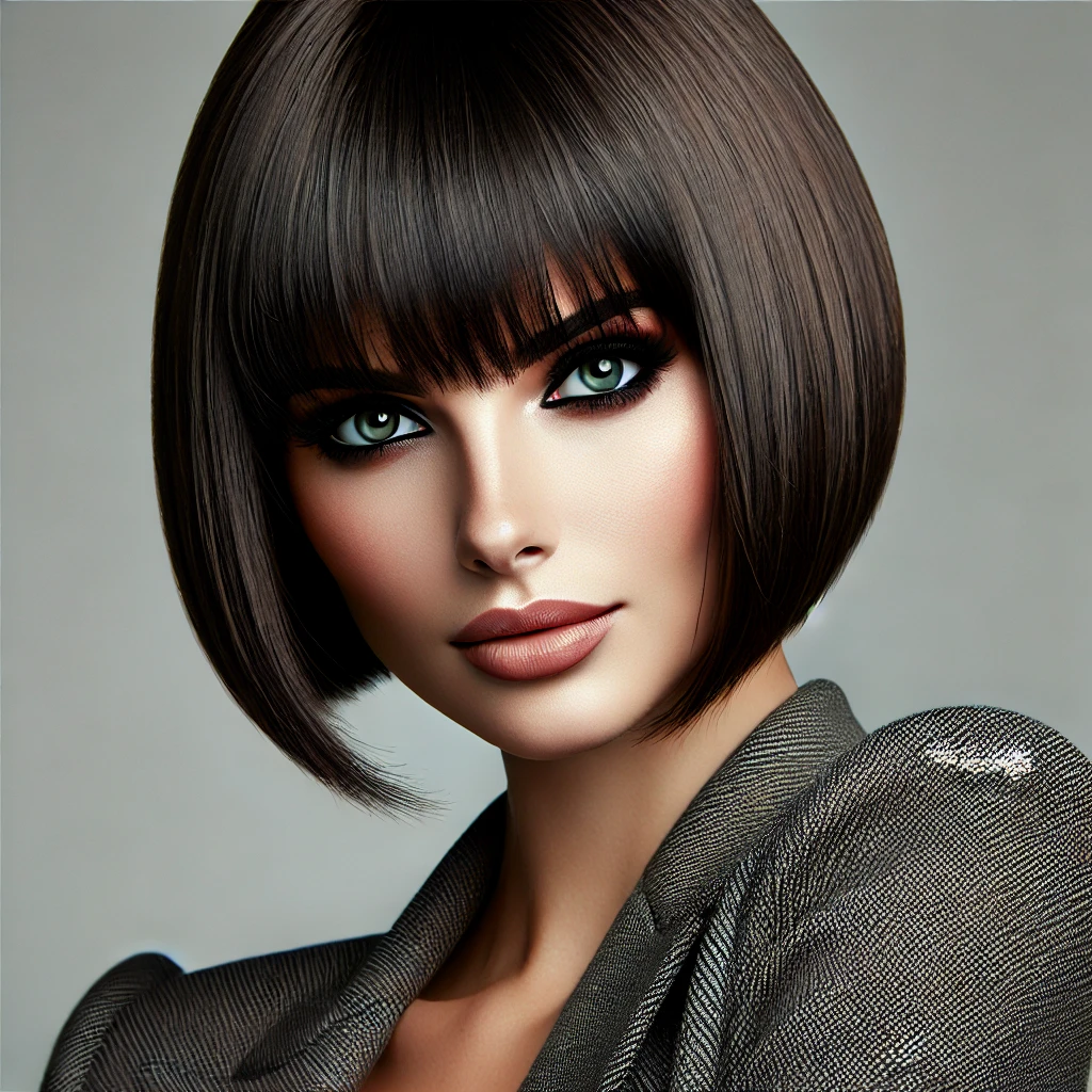 Woman with an inverted bob haircut featuring full front bangs, shorter back, and longer front sections for a bold, trendy look