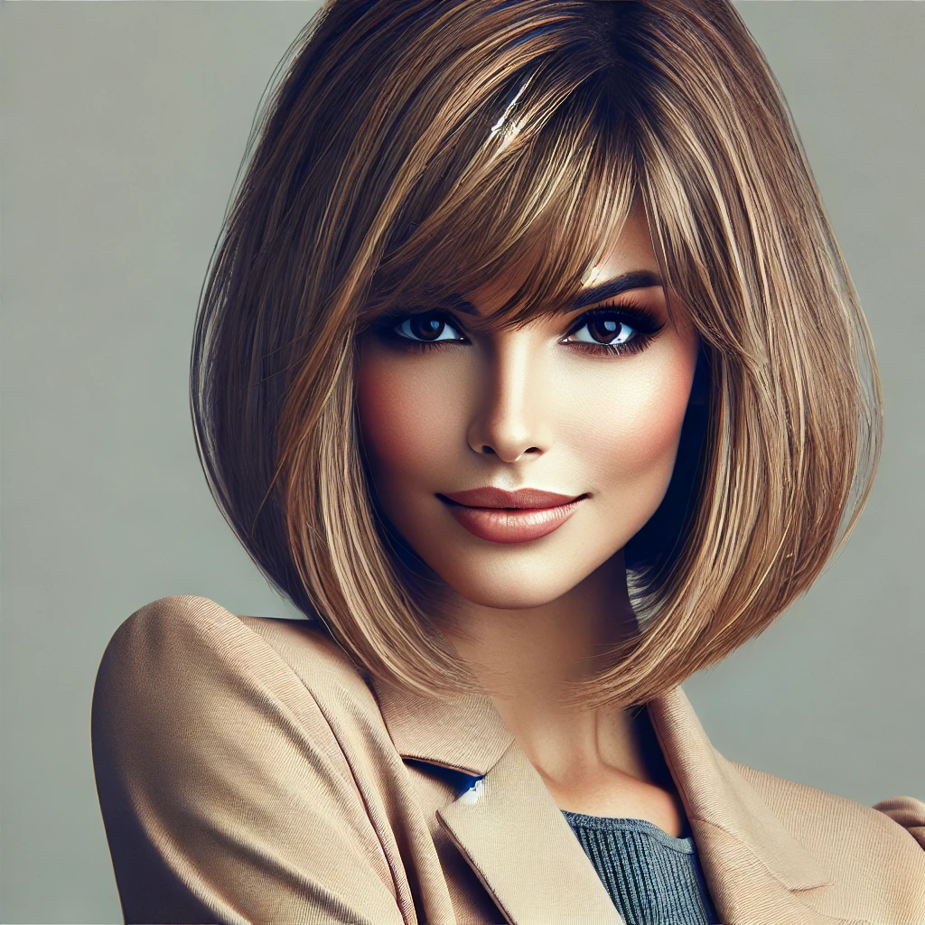 Woman with an inverted bob haircut featuring side-swept bangs, with a shorter back and longer front sections for a soft, feminine look