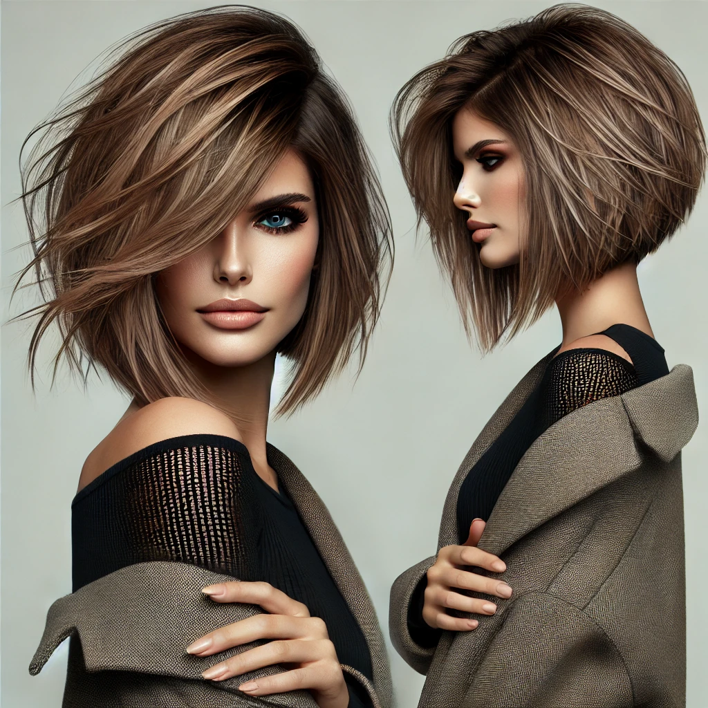 Woman with a layered inverted bob haircut, featuring shorter back and longer front sections with textured layers for a modern, edgy look